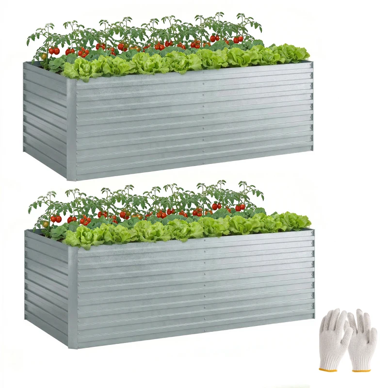 Outsunny Set aus 2 verzinkten Hochbeeten, 180 x 90 x 60 cm Metall-Hochbeete mit sicherer Kante, Silber
