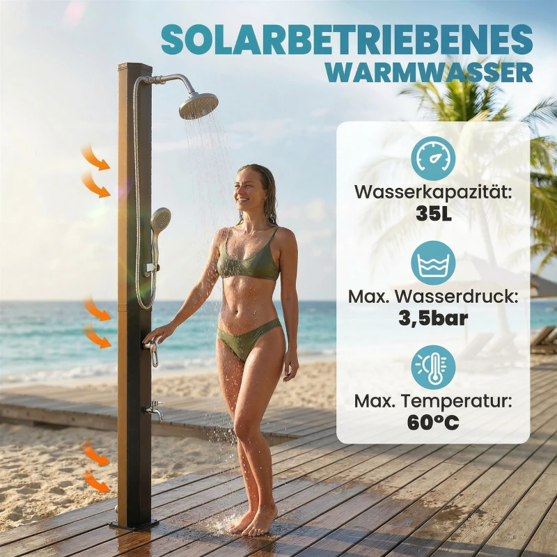 Outsunny Solardusche 35L Gartendusche mit Frostschutz schwenkbarem Regenduschkopf Wasserhahn, Gartenschlauch-Anschluss