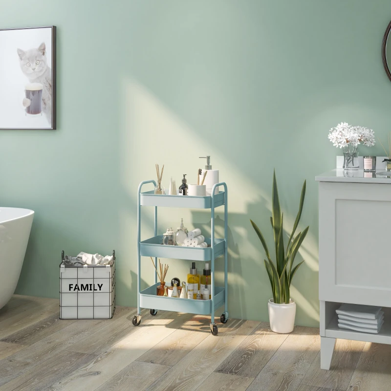 HOMCOM Desserte chariot de rangement en acier chariot de service à roulettes 3 plateaux ajourés 45 x 30,6 x 79 cm bleu clair