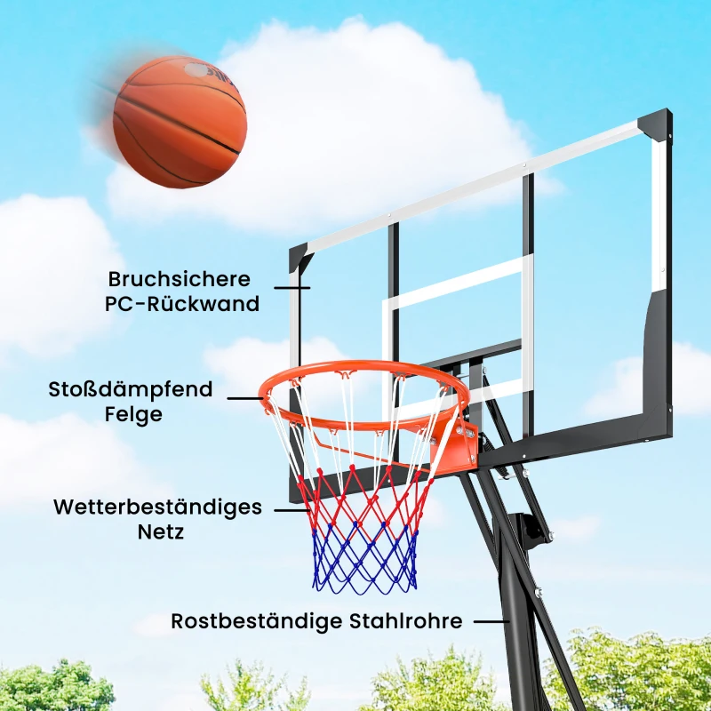 SPORTNOW Mobiler Basketballkorb, höhenverstellbar von 2,45-3,05 m, bruchsicheres Backboard, Handkurbel-Höhenverstellung
