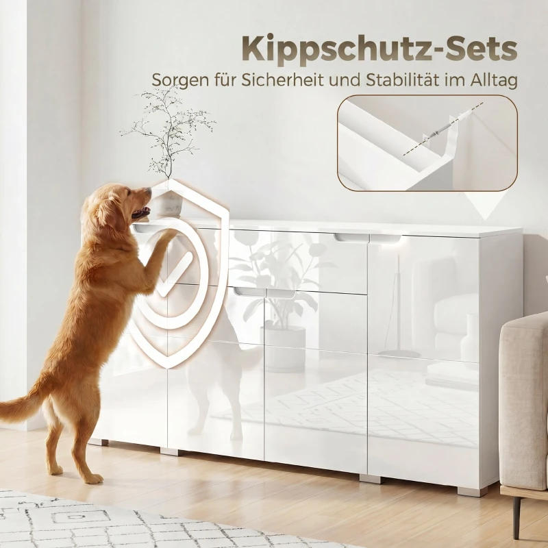 HOMCOM Hochglanz-Sideboard, moderne Kommode mit 4 Türen und verstellbaren Einlegeböden, Soft-Close-Funktion, Weiß