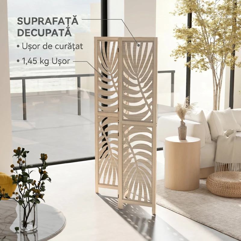 HOMCOM Paravan Interior cu 3 Panouri Pliabil și Separabil din Lemn, Design cu Frunze, 120x170 cm, Culoare Lemn Natural