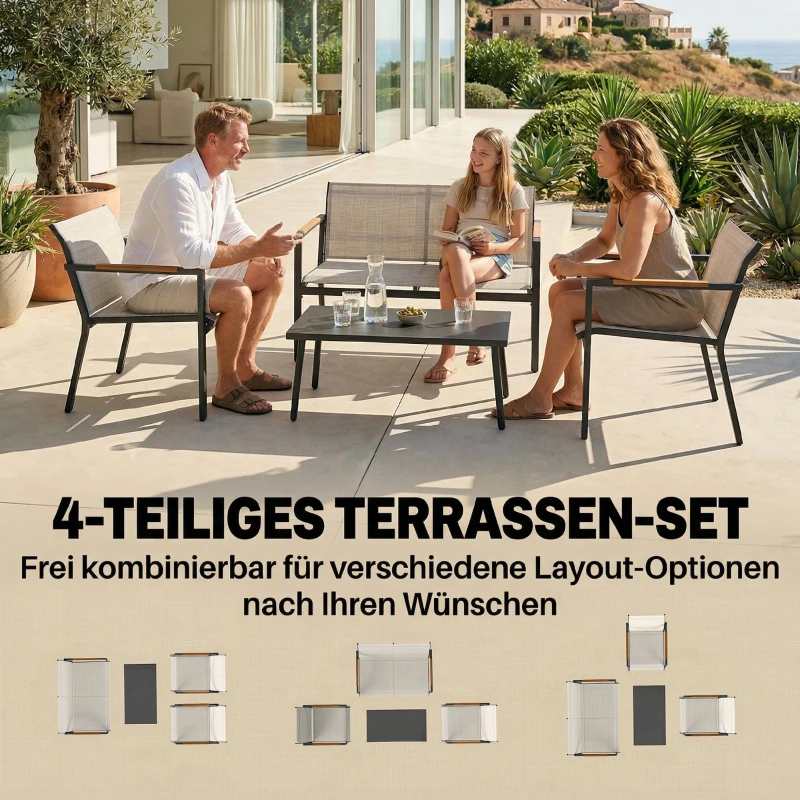Outsunny Gartenmöbel Set Sitzgruppe für 4 Personen Atmungsaktiv Gartenlounge mit 2er Sofa 2 Sessel Metall-Tisch Fußpads