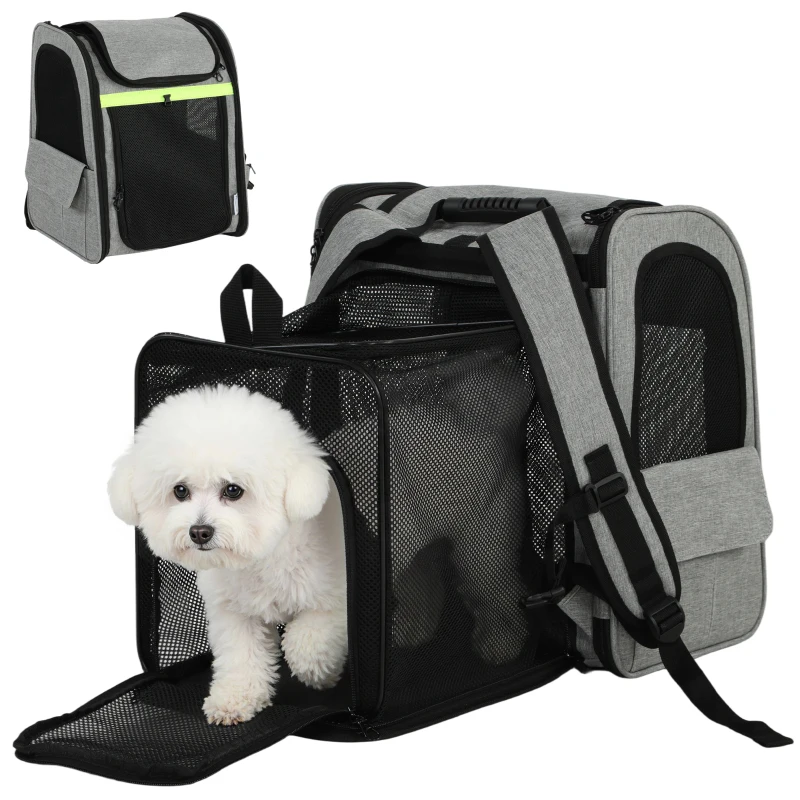 PawHut Caisson de transport extensible pour chien avec 5 poches et bande réfléchissante pour chiens jusqu'à 10 kg 33,5x28x42cm Gris clair
