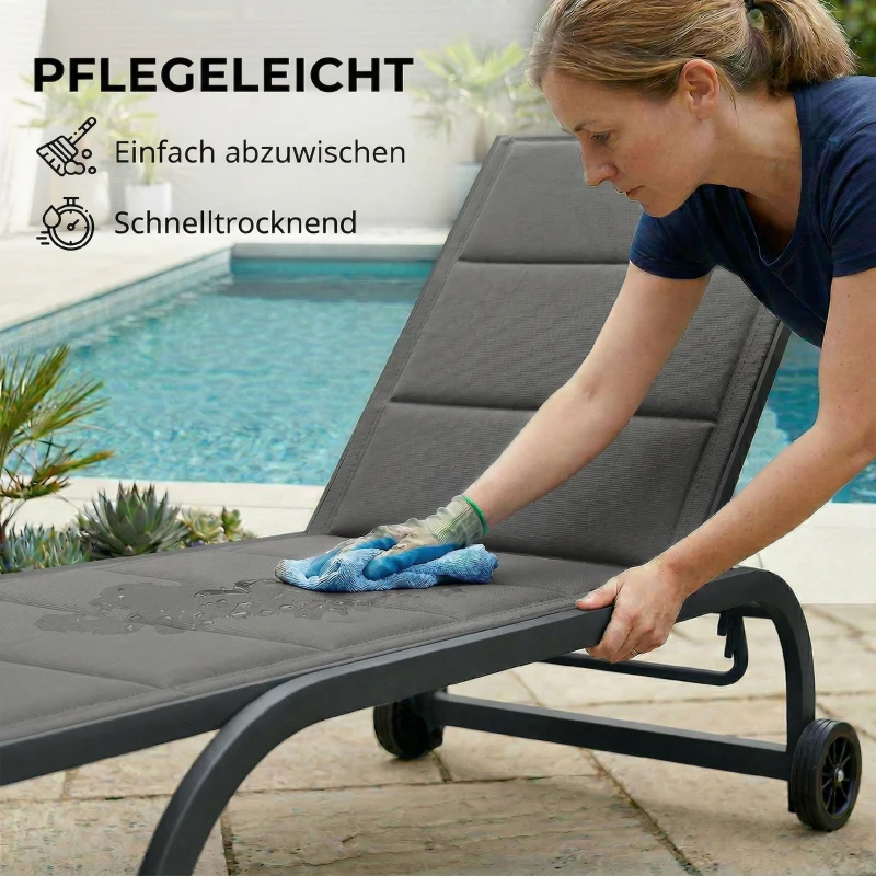 Outsunny Sonnenliege Atmungsaktive Gartenliege mit 6-fach Verstellbar Rückenlehne Rädern Aluminiumrahmen Dunkelgrau