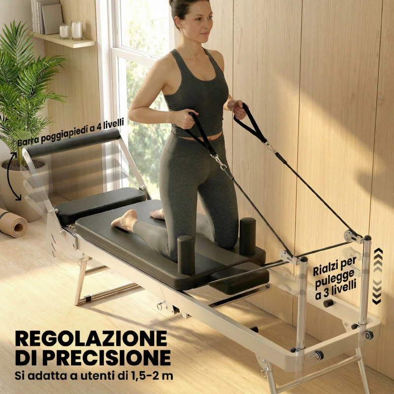 SPORTNOW Reformer Pilates Pieghevole per Casa con 2 Bande Elastiche, 195x56x88 cm