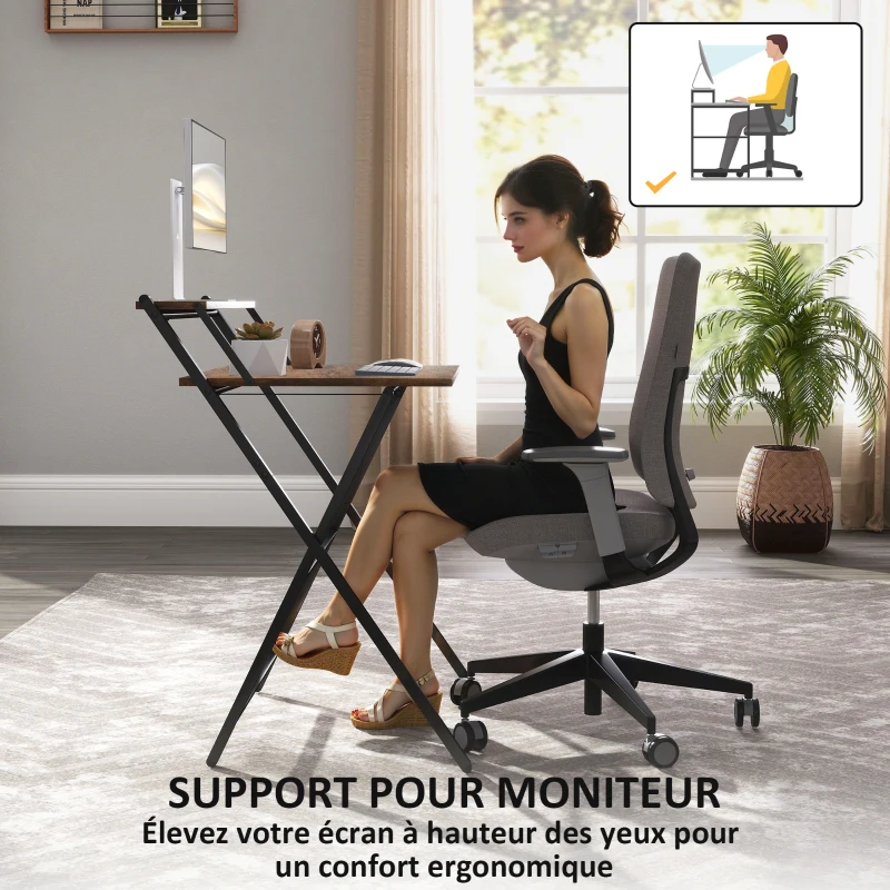 HOMCOM Bureau pliable 65,5 x 45 cm avec étagère de rangement pour chambre, petits espaces, brun rustique