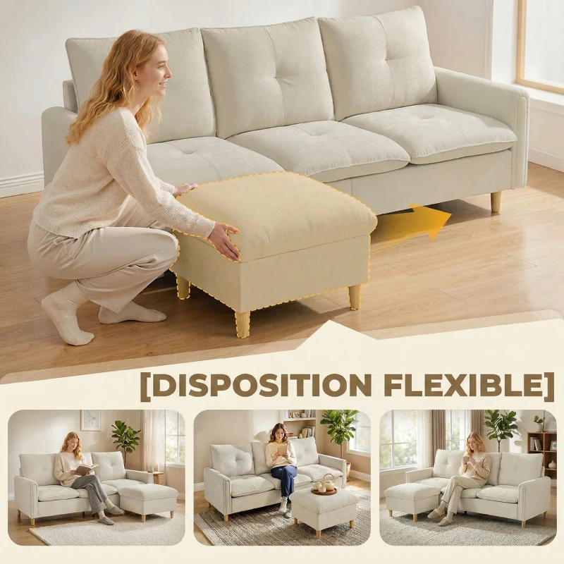 HOMCOM Canapé 3 places avec pouf de rangement, canapé d'angle modulable 210 cm, assise large, tissu aspect lin, crème