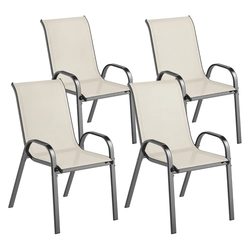 Outsunny Set de 4 Sillas de Exterior Apilables con Asiento de Malla Respaldo Alto y Marco de Acero para Jardín Beige y Negro