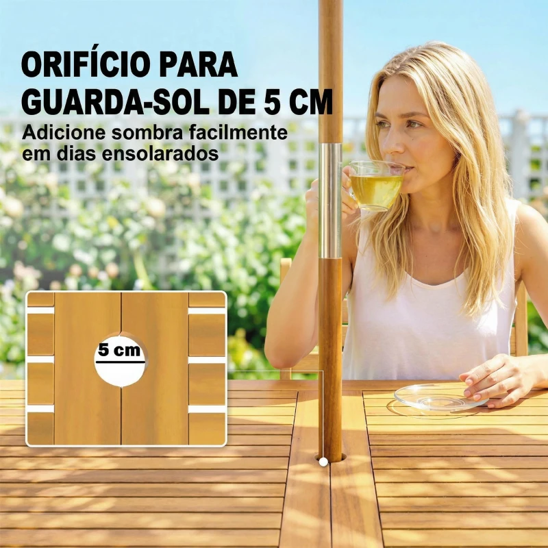 Outsunny Mesa de Jantar de Jardim em Madeira para 6 Pessoas com Tampo de Ripas e Orifício 150x75x75 cm Natural