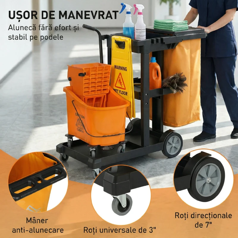 HOMCOM Cărucior multifuncțional cu sac pentru curățenie