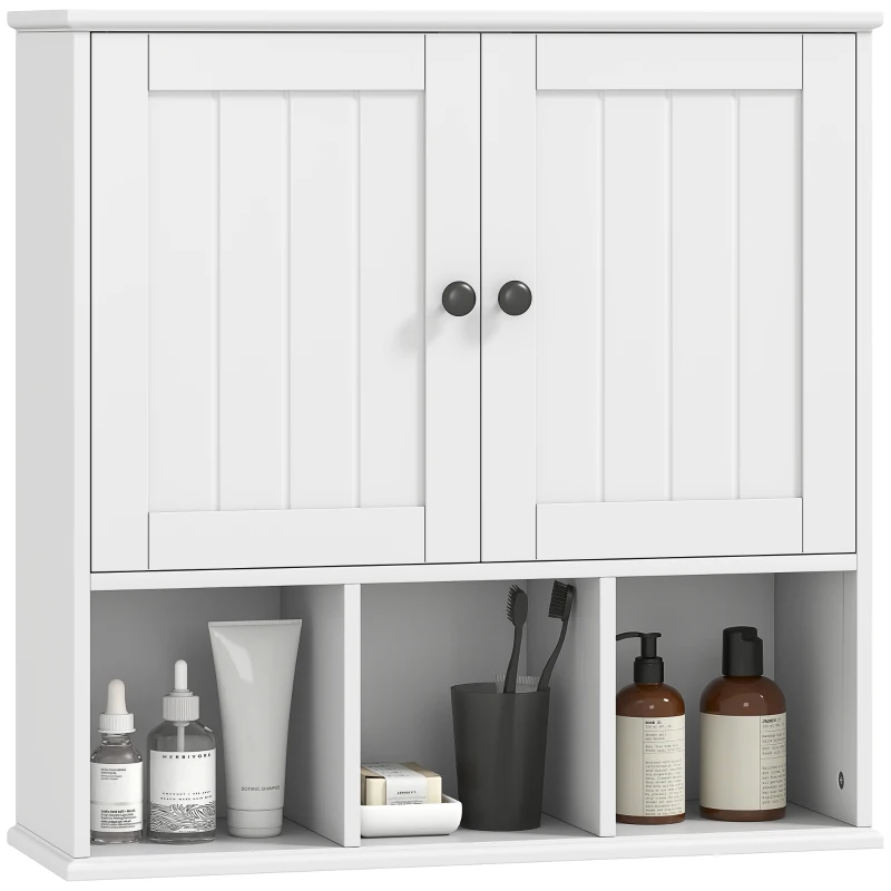 HOMCOM Armadio da Parete per Bagno, Mobile Contenitore con 2 Ante, Ripiano Regolabile e Scomparti Aperti, Bianco