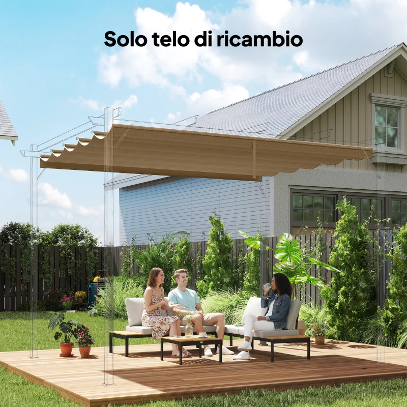 Outsunny Tetto per Gazebo Pergola con 10 Fori di Drenaggio in Poliestere, 350x260 cm, per Pergola 4x3m, Marrone Chiaro