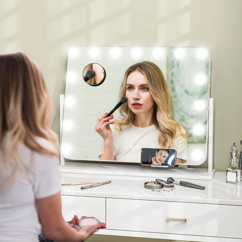 HOMCOM Miroir maquillage lumineux LED intensité réglable miroir grossissant port de charge USB, rotation à 360° 63 x 50 cm