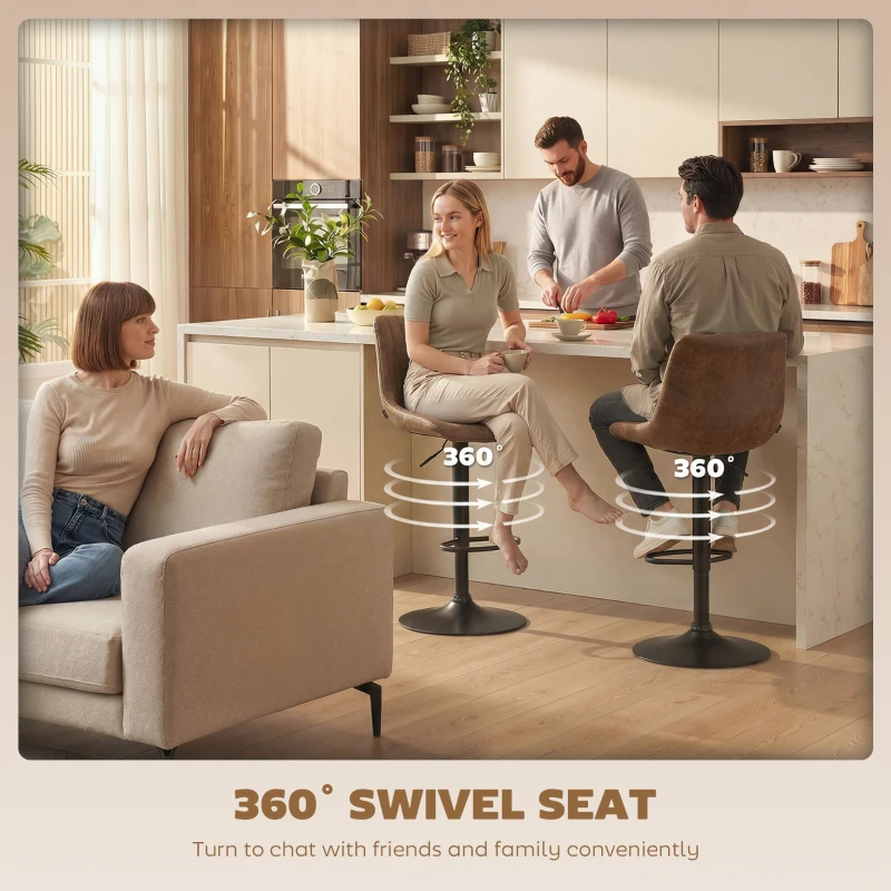 HOMCOM Breakfast Bar Stools Set of 2, 59-80cm Sitting Hight Leather Upholstered Bar Chairs - Brown