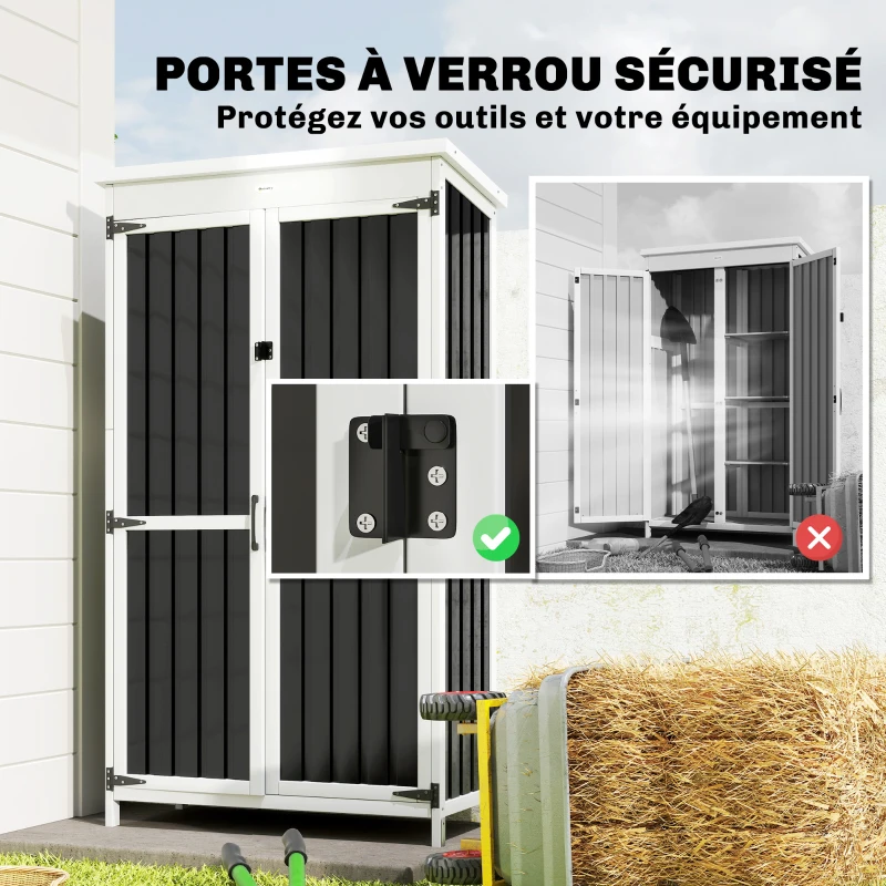 Outsunny Armoire de Jardin en Bois et Acier, 3 Étagères Amovibles, Portes Doubles avec Fermeture Métallique, 94x43x166cm, Noir