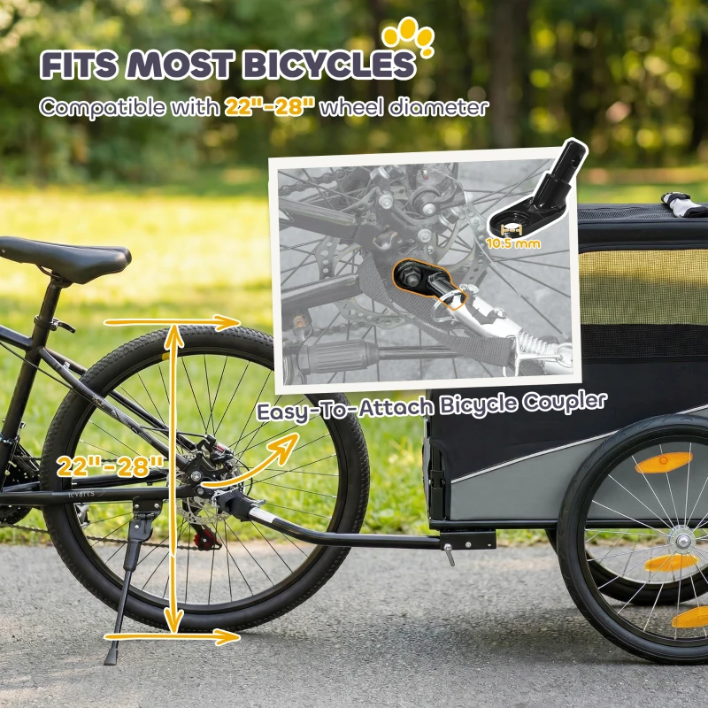 PawHut Dog Bike Trailer, Dog Cart Bicycle Carrier for Small and Medium Pets with 20" Inflatable Rubber Wheels, Grey