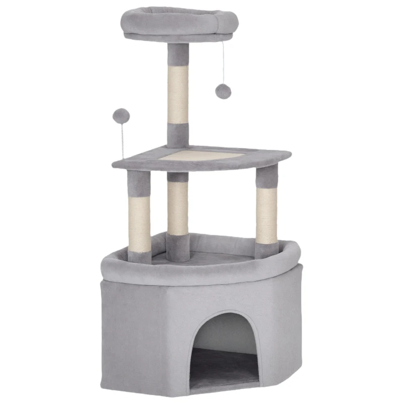 PawHut Arbre à chat tour de jeux pour chats griffoirs sisal, plate-forme, niche, tissu peluche, balles, 49x49x114cm gris clair