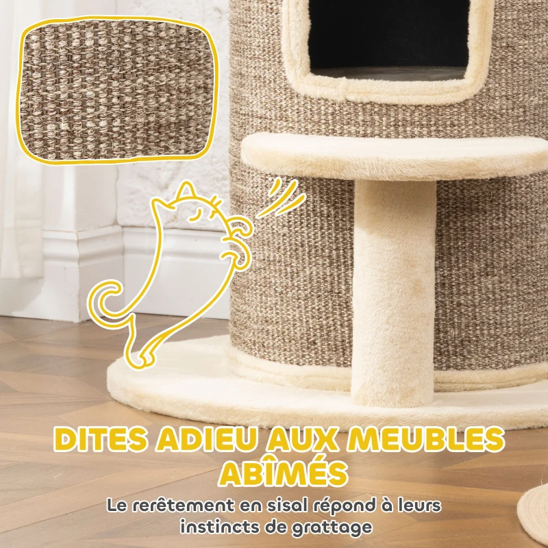 PawHut Tonneau à gratter tour à griffer pour chat 2 niveaux avec plate-forme parfait pour griffes & jeu 60 x 60 x 61 cm beige