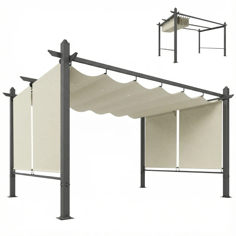 Outsunny Pérgola de Jardín 4x3 m con Cortinas Enrollables Automáticas y Techo Retráctil Cenador de Jardín con UPF50+ Crema