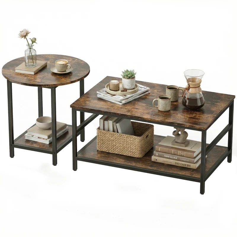 HOMCOM Couchtisch-Set, 2-teilig, rechteckiger und runder Tisch mit 2-stufigem Stauraum, für Wohnzimmer, Rustikal-Braun