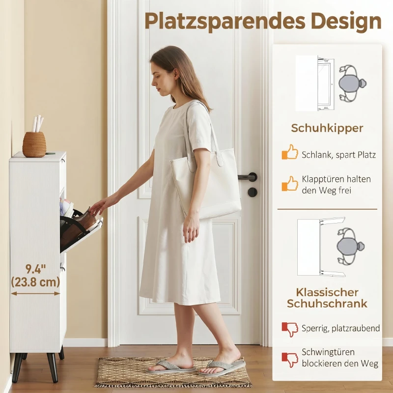 HOMCOM Schmaler Schuhschrank mit 2 Klappfächern, Schuhschrank mit Lychee-Leder-Türen und verstellbaren Regalböden, Weiß