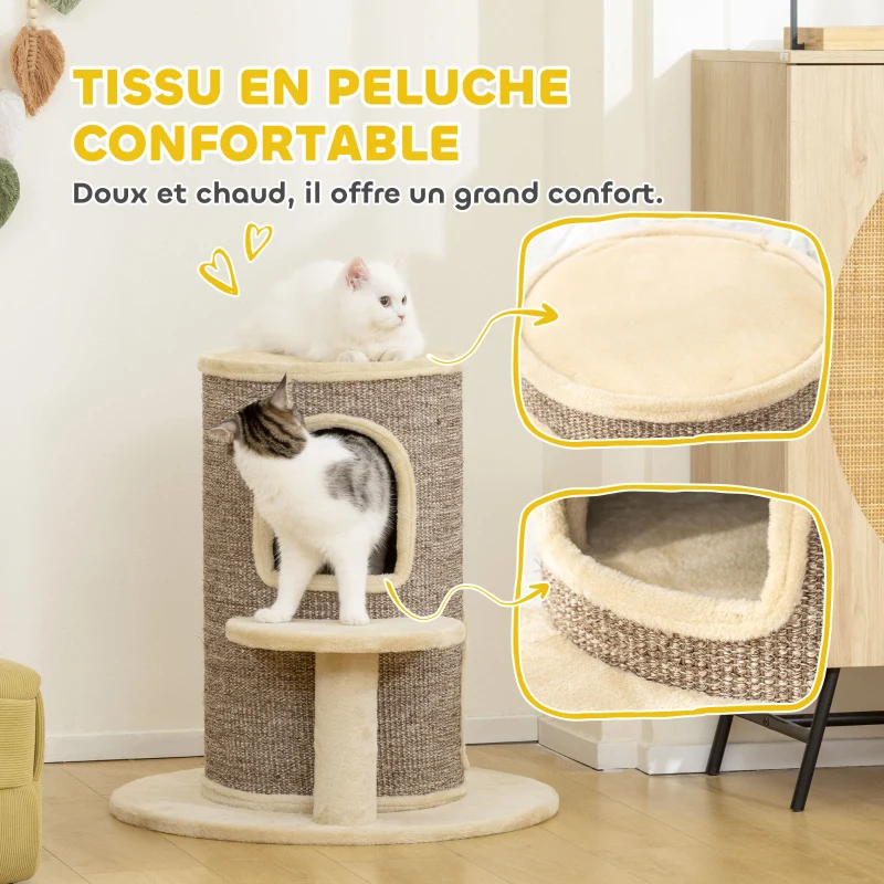 PawHut Tonneau à gratter tour à griffer pour chat 2 niveaux avec plate-forme parfait pour griffes & jeu 60 x 60 x 61 cm beige