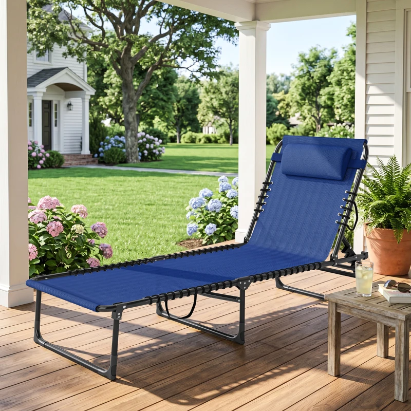 Outsunny Tumbona Plegable, Tumbona Jardín Exterior Reclinable 4 Posiciones con Reposacabezas y Marco de Acero, Carga 120 kg, para Terraza, Piscina, Playa, 189x58x30 cm, Azul Oscuro