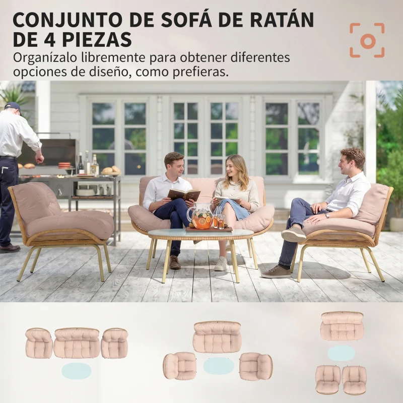 Outsunny Conjunto de Muebles de Jardín de Rattán de 4 Piezas con Cojines Sofá 2 Sillones y Mesa de Centro Beige