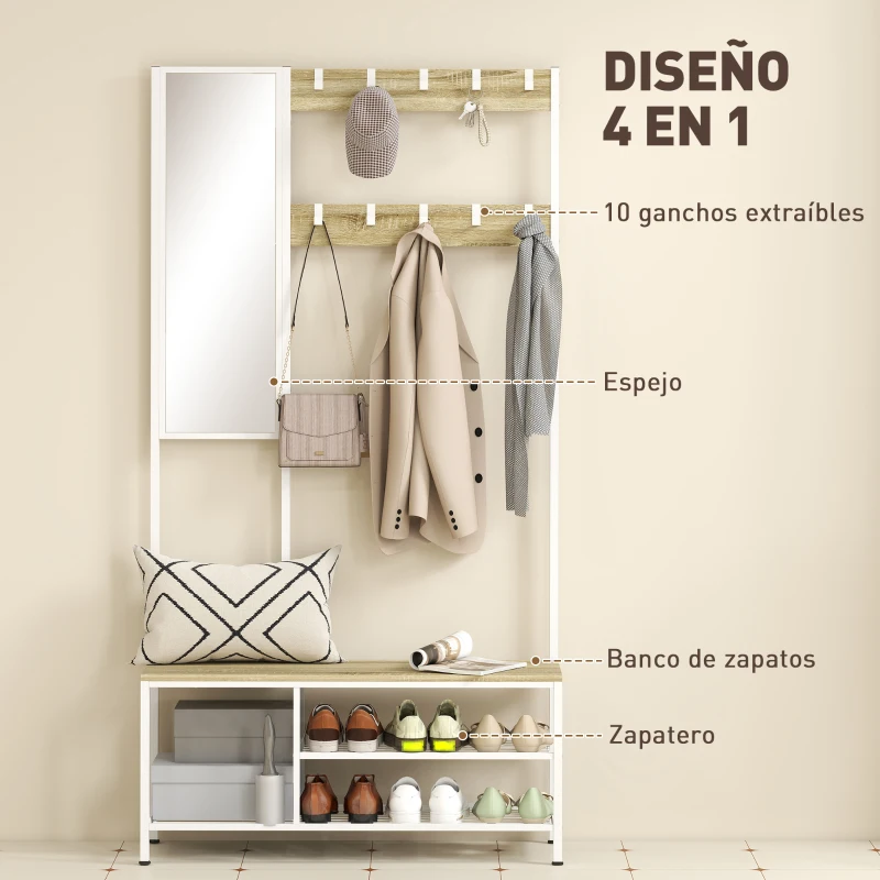 HOMCOM Perchero Zapatero con Espejo 3 Estantes Banco 10 Ganchos Ajustables Estilo Moderno para Pasillo 98x34x186 cm Natural