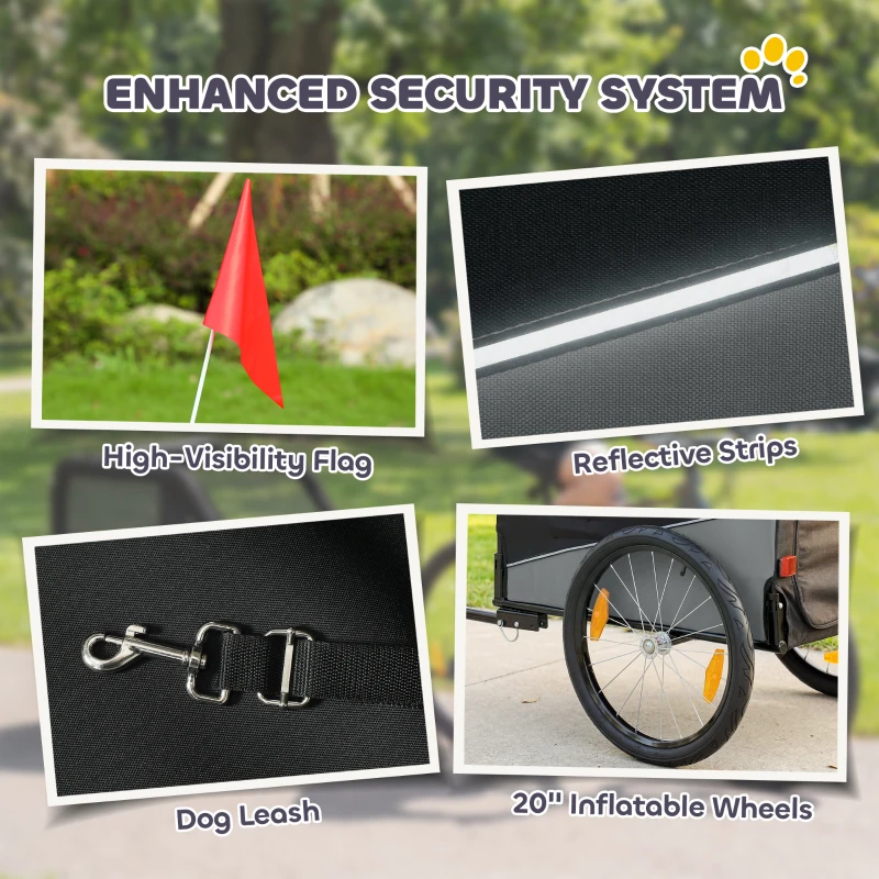 PawHut Dog Bike Trailer, Dog Cart Bicycle Carrier for Small and Medium Pets with 20" Inflatable Rubber Wheels, Grey