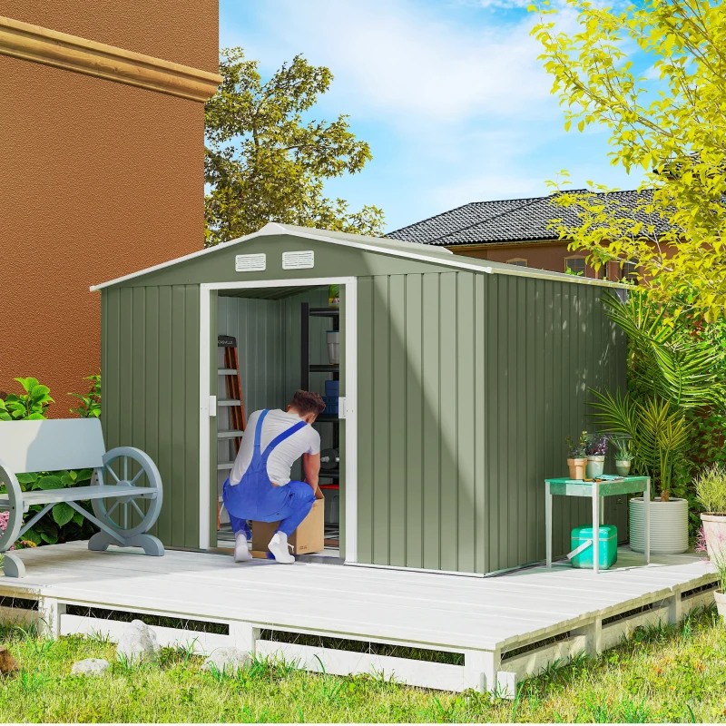 Outsunny 9 x 6ft Metal Garden Shed, Waterproof Outdoor Bike Storage Shed Galvanised with Vents, Foundation Kit, Apex Roof and Lockable Double Doors for Patio Lawn, Light Green