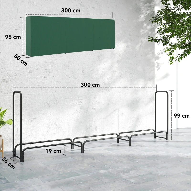Outsunny Suport pentru Lemne de 1m³ Reglabil cu Acoperire Impermeabilă din PE, din Metal, 300x36x99 cm, Negru și Verde Închis
