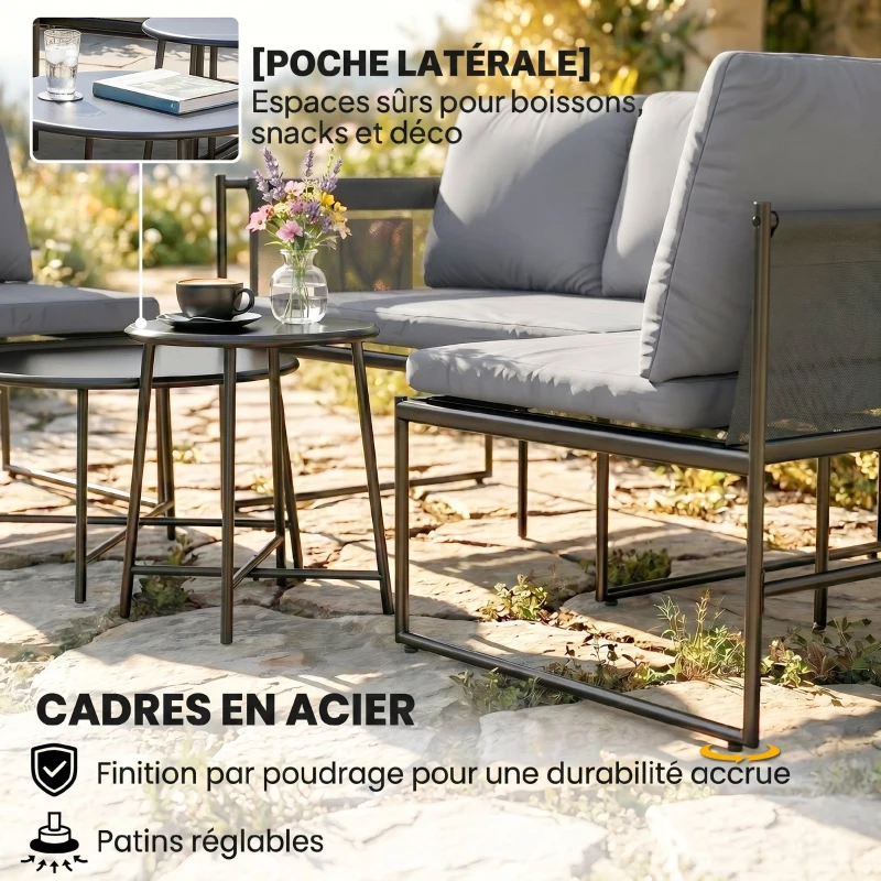 Outsunny Salon de Jardin Extérieur 5 Pièces, 2 Canapés, 2 Tables, 1 Chaise, Pochette de Rangement, 182x167x65cm, Gris Foncé