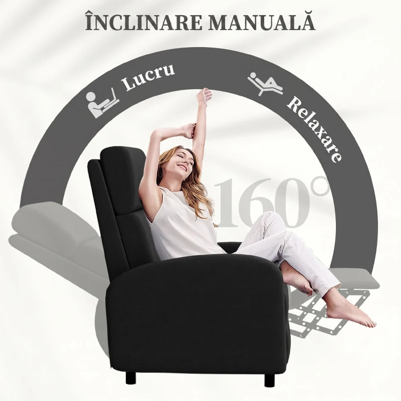 HOMCOM Fotoliu Relax Rabatabil Manual 160° cu Suport pentru Picioare, Fotoliu Ergonomic Tapițat cu Aspect de In pentru Dormitor, Birou, Living și Sufragerie, Negru