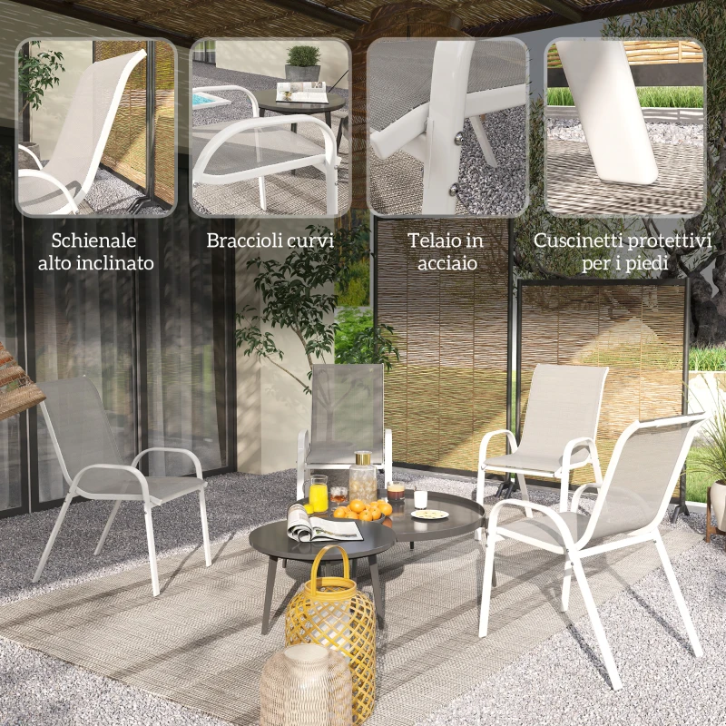 Outsunny Set 4 Sedie da Giardino Impilabili con Braccioli Curvi, in Acciaio e Tessuto Traspirante, 54x71x93 cm, Grigio Bianco