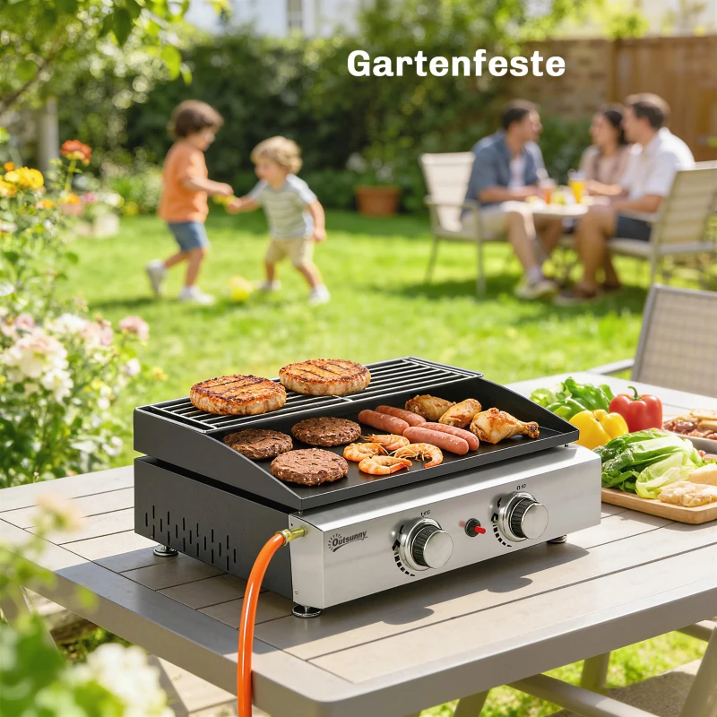 Outsunny Gasgrill 5 KW Tragbarer Tischgrill mit 2 Brenner Keramische Lackbeschichtung Grillrost Warmhalterost