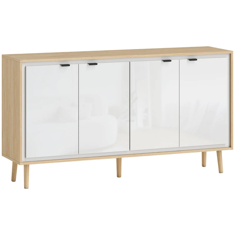 HOMCOM Buffet à haute brillance, meuble de rangement avec 4 portes, étagères réglables, 141 x 35 x 77 cm, blanc et chêne
