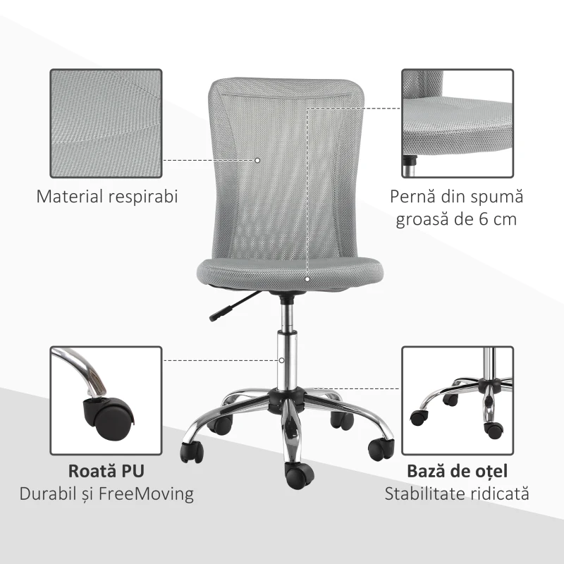 Vinsetto Sedia da Ufficio Ergonomica Senza Braccioli in Tessuto a Rete, Altezza Regolabile e 5 Ruote, Grigio