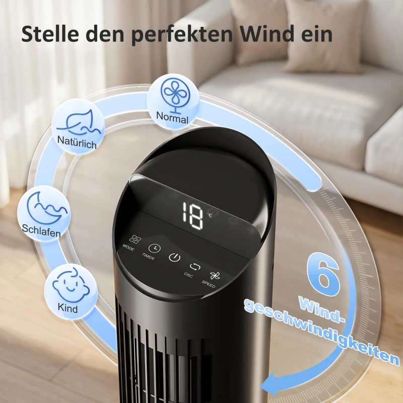 HOMCOM 116 cm Turmventilator, Standventilator mit Fernbedienung WiFi App-Steuerung, 65° Oszillation 6 Geschwindigkeiten 4 Modi