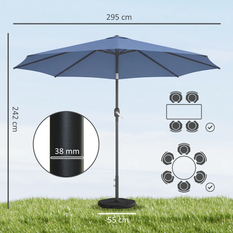 Outsunny Sonnenschirm Ø295 cm, UV 30+Sonnenschirm runder Balkonschirm Strandschirm Marktschirm für Strand Balkon Garten, Blau