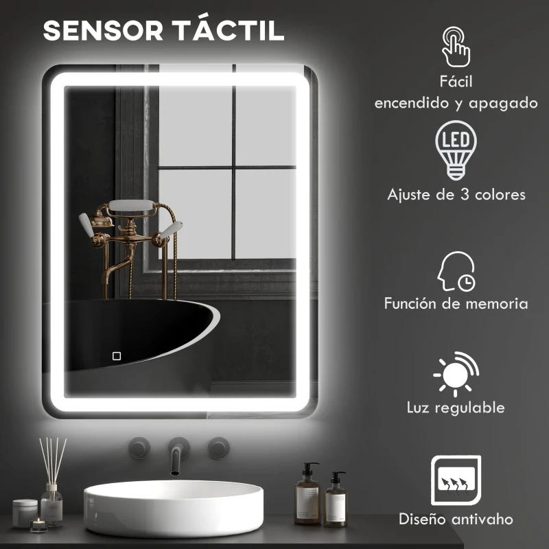 HOMCOM Espejo de Baño con Luces LED 70x90 cm 3 Colores de Luz Brillo Regulable Función Antivaho Función de Memoria IP44