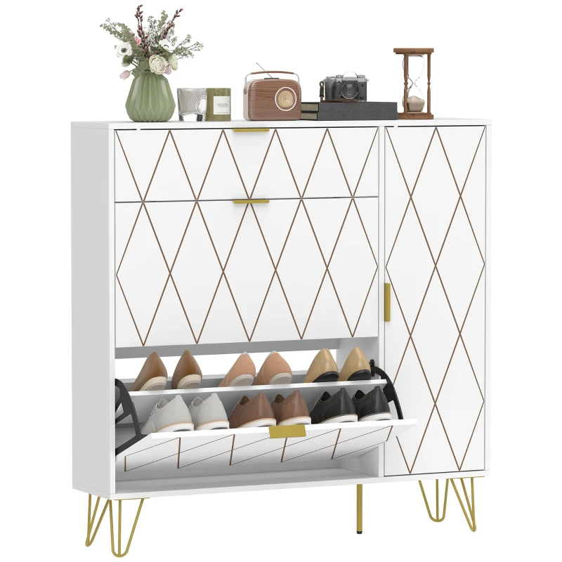 HOMCOM Mueble Zapatero Moderno con 2 Cajones Abatibles Armario y Estantes Ajustables para 10-14 Pares de Zapatos Blanco