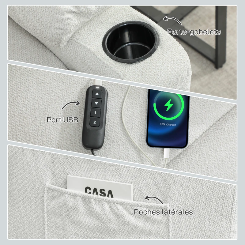 HOMCOM Poltrona relax elettrica, poltrona reclinabile, porta USB, poggiapiedi, porta bicchieri, 94 x 90 x 105 cm, crema