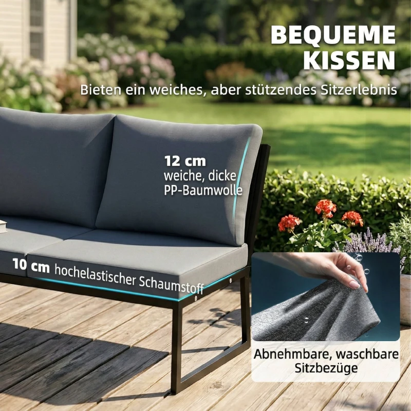 Outsunny Gartenmöbel Set L-Form Metall Sitzgruppe für 4 Personen Gartenlounge mit 2er Sofa Kissen 2 stapelbar Beistelltisch Teak