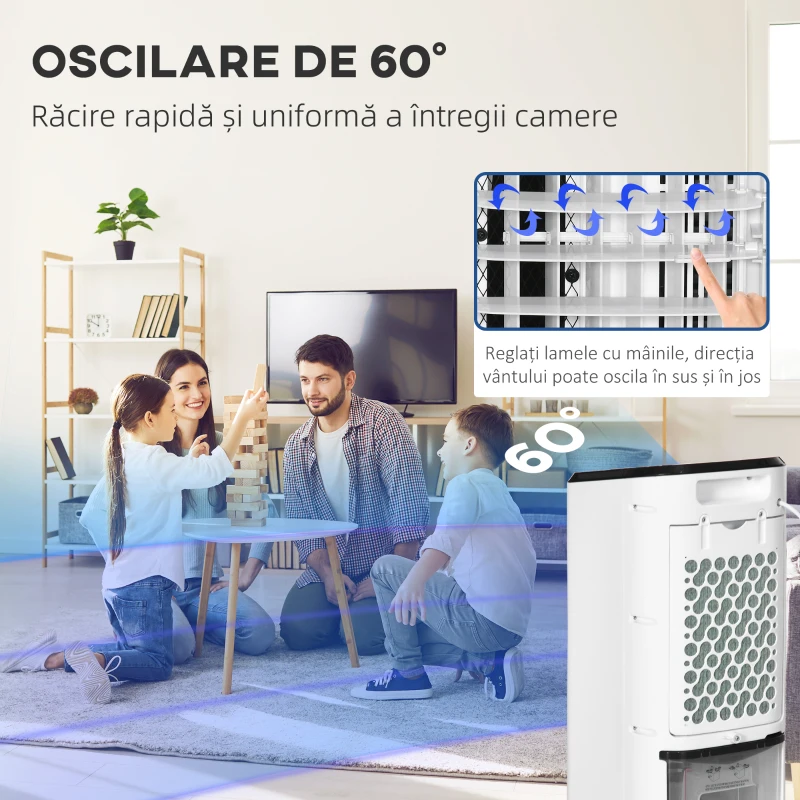 HOMCOM Răcitor Evaporativ 3-în-1, Ventilator, Umidificator cu Gheață și Dezumidificator, Alb
