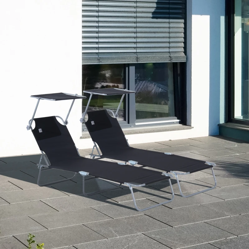 Outsunny Lot de 2 transats Bain de Soleil Pliable Chaise Longue Pliante Grand Confort Dossier Inclinable Pare-Soleil réglable