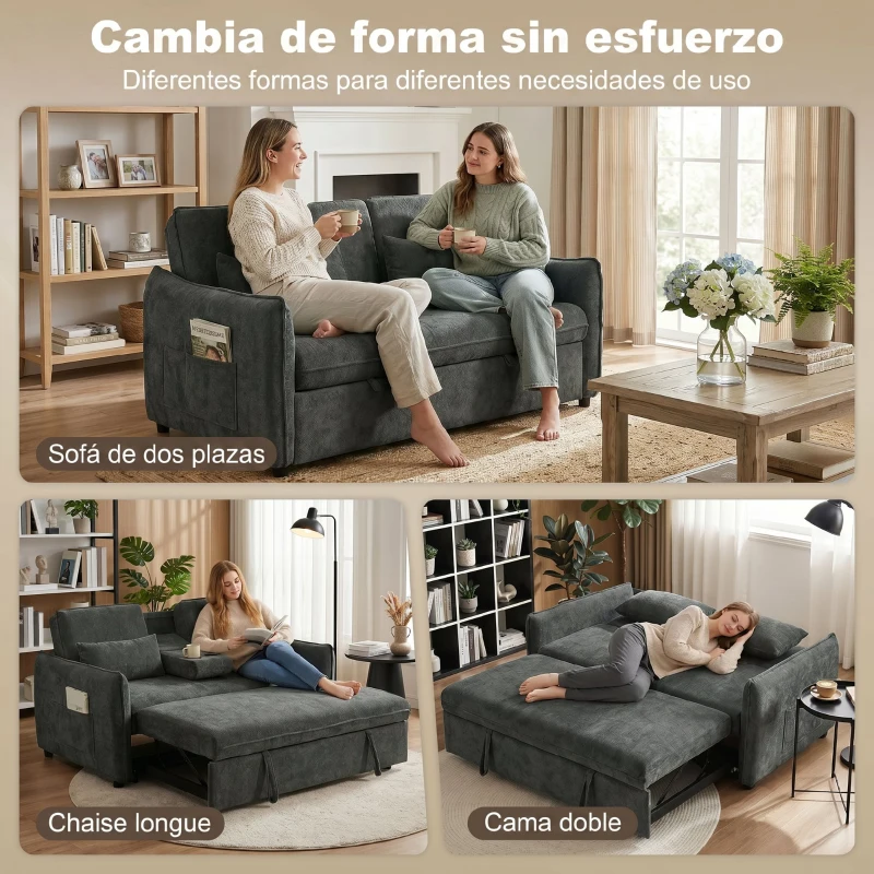 HOMCOM Sofá Cama 2 Plazas 3 en 1 con Mesa Auxiliar Portavasos Respaldo Ajustable Bolsillos Laterales 2 Almohadas Gris Oscuro
