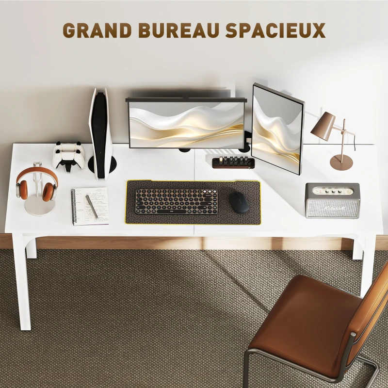 HOMCOM Bureau, bureau d'ordinateur 180 cm avec grand plateau pour 2 personnes, pour travail à domicile ou étude, blanc