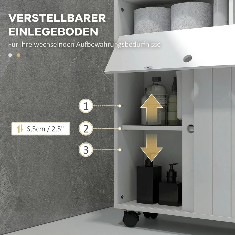 kleankin Mobile Bagno Stretto con Ruote, Ante Scorrevoli, Ripiani Regolabili e 2 Fori per Carta Igienica, Bianco